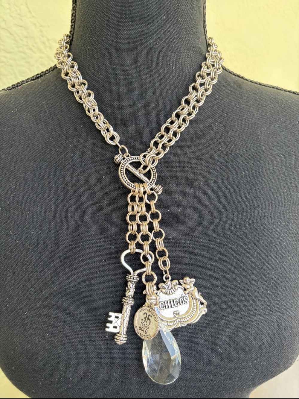 Chico's Silver-Tone Lariat toggle Necklace with Crystal and Charms 35 yrs